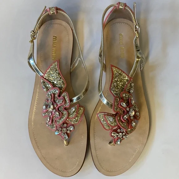 Miu Miu | Shoes | Miu Miu Gold Glitter Coral Pink Crystal